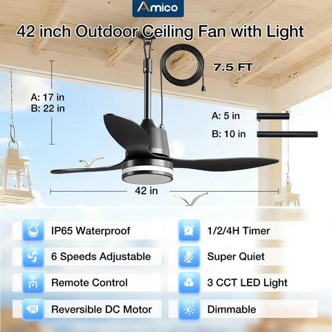 42 Inch Outdoor Ceiling Fan With Lights For Patios And Gazebos, IP65 Waterproof Rust Resistant With Remote, in black, hung on patio.