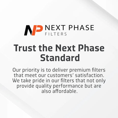 Next Phase Filters branding with message about premium filters and customer satisfaction, emphasizing quality and affordability.