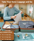 Person packing Expandable Carry On Luggage 20 Inch With Spinner Wheels Airline Approved Durable PC ABS Hardside Roller Case Lockable 35L Expands To 42L Fits 22 By 14 By 9 Inches Travel Ready Green Brown Your Go To Travel Companion open on bed.