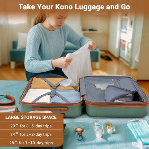 Person packing Expandable Carry On Luggage 20 Inch With Spinner Wheels Airline Approved Durable PC ABS Hardside Roller Case Lockable 35L Expands To 42L Fits 22 By 14 By 9 Inches Travel Ready Green Brown Your Go To Travel Companion open on bed.