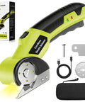 Heavy Duty Cordless Electric Cutter With 4V Rechargeable Battery And Two Sharpened Rotary Blades, showing cutting tool and accessories.