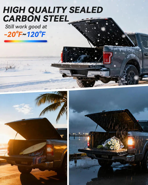 Heavy Duty 27 Inch Gas Struts 45 Lbs For Truck Tonneau Cover, 2 Pack Solid Lift Supports in snowy and rainy weather conditions.