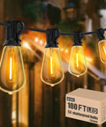 100Ft Outdoor LED String Lights Dimmable Patio Lights With Shatterproof ST38 Vintage Bulbs glowing warmly at night.