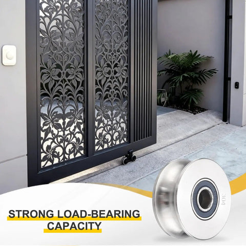 Heavy Duty U Groove Pulley Wheel Forged From Solid 304 Stainless Steel With 10mm Bore 68mm OD and 9.5mm Width in use with decorative sliding gate.