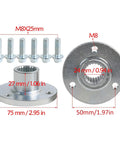 Go kart axle kit 3 stud hubs with M8 bolts, dimensions displayed. Part of Beefy 32 Inch Go Kart Rear Axle Kit With 5 Inch Wheels And Rain Tires