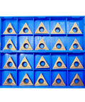 Carbide Turning Inserts TCMT16T304 for CNC Lathe Finishing and Semi Finishing, displayed in a blue storage case, pack of 20