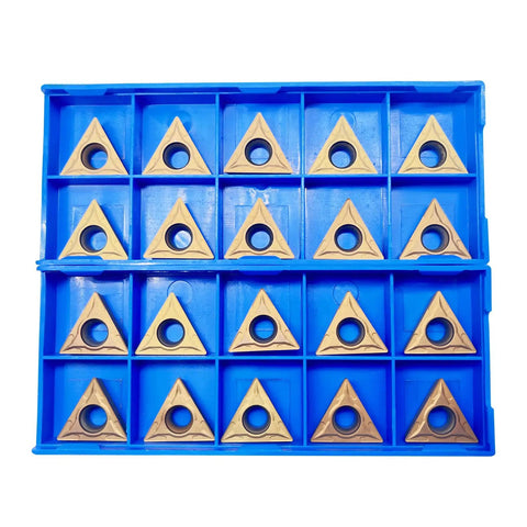 Carbide Turning Inserts TCMT16T304 for CNC Lathe Finishing and Semi Finishing, displayed in a blue storage case, pack of 20