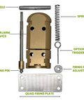 Components of Quad 3.0 12 Gauge Perimeter Trip Alarm System With 209 And.22 Adapters in Desert Sand finish, including handle and quad firing plate.