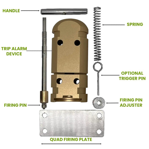 Components of Quad 3.0 12 Gauge Perimeter Trip Alarm System With 209 And.22 Adapters in Desert Sand finish, including handle and quad firing plate.