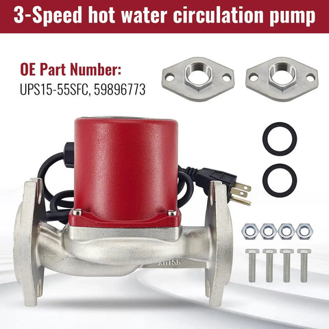 Close-up of Heavy Duty Stainless Steel 3 Speed Hot Water Circulator Pump with red housing and installation accessories.
