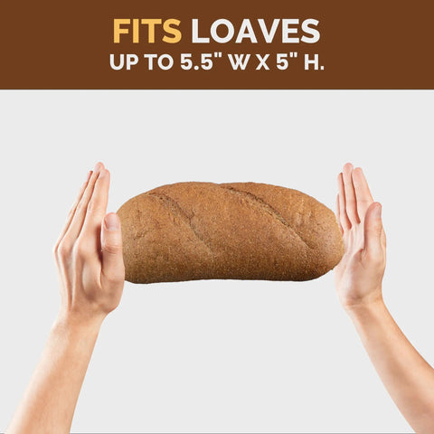 Loaf of bread held with hands, showing size compatibility for Dope Adjustable Bamboo Bread Slicer With Foldable Slicing Guide And Crumb Tray A Must Have For Sourdough Loaves Cakes Bagels Brioche Texas Toast Kitchen Gadgets And Baking Gift.