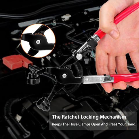 Close-up of the Beefy 9 Piece Hose Clamp Pliers Set With Long Reach Cabled Pliers in use on a car engine.