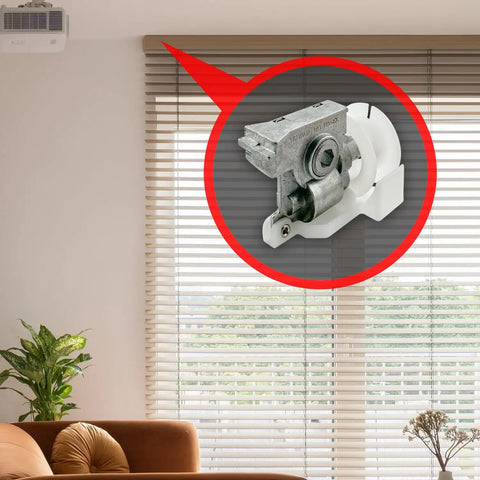 Heavy Duty Low Profile Metal Cord Tilter For 2 Inch Blinds, showing white resin and steel connector in living room setting.