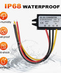 Image of waterproof DC-DC converter labeled SC200-0012V0505, showing wire connectors and features like anti-humidity, dust, shock.