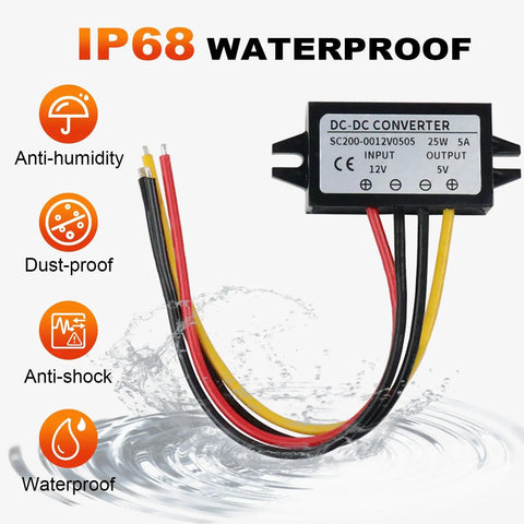Image of waterproof DC-DC converter labeled SC200-0012V0505, showing wire connectors and features like anti-humidity, dust, shock.