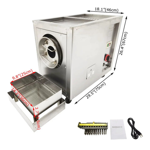 Heavy Duty Commercial Gas Coffee Roaster For Beans Nuts And Seeds Featuring Precise Temperature Control with side view and dimensions.