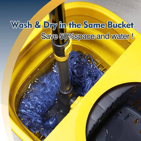 Heavy Duty Wet Mop With Looped End Cotton Mop Head, Industrial Grade String Mop, Telescopic Iron Pole in yellow bucket