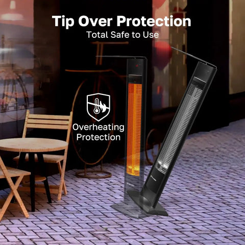 1500W Infrared Patio Tower Heater With Remote, Timer, Tip Over Auto Shutoff, IP55 Outdoor Indoor Rated in outdoor café setting.