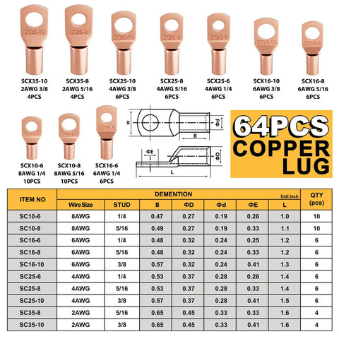 Hydraulic Crimping Tool And Cable Cutter Kit For 12-2/0 AWG Wire With 64 Copper Ring Terminals Pro Grade Heavy Duty Crimper Set For Electrical Wiring Projects, copper lugs