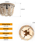 Boho Wood Beaded Chandelier 3 Light Semi Flush Mount Oak White Finish Mini Chandelier dimensions and specifications