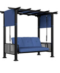Three Seat Porch Swing Bed With Adjustable Curtains And Cushions For Outdoor Metal Patio Hammock Swing Chair Porch Backyard Garden, Stable Four Carabiners And Reinforced Base For Worry Free Relaxation
