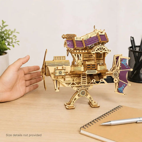 Fun 3D Wooden Airship Puzzle Kit for Teens and Adults displayed on desk with visible propeller and detailed cabin