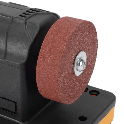 Close up of WALFRONT 3 Inch Cordless Mini Bench Grinder With Dual Wheels, adjustable RPM speed, showing abrasive wheel detail.