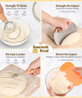 Close-up of Ultimate All In One Sourdough Baking Kit with dough whisk, scraper, lame, and bowl scraper in use for homemade bread.