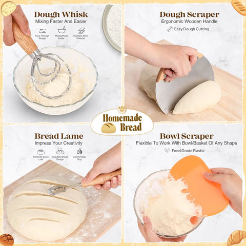 Close-up of Ultimate All In One Sourdough Baking Kit with dough whisk, scraper, lame, and bowl scraper in use for homemade bread.