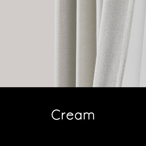 Close-up view of extra long linen blackout curtains for track system 120-inch long, cream color, with thermal backed liner.