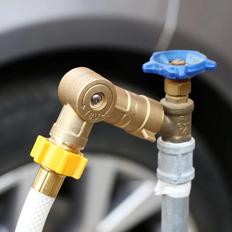 Brass Swivel Hose Connector With 180 Degree And 360 Degree Flex, Heavy Duty Anti Kink Adapter For Faucets, Taps, Sinks, Washing Machines And RVs, Rust Proof, Easy Install connected to hose and valve