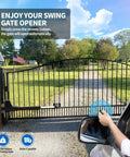Heavy Duty Single Swing Gate Opener With 24V DC Motor in use with remote control, solar panel visible, sunny day driveway