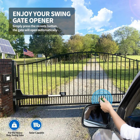 Heavy Duty Single Swing Gate Opener With 24V DC Motor in use with remote control, solar panel visible, sunny day driveway
