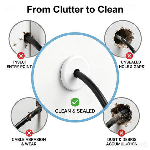 6 Pack Solid Silicone Cable Grommets For Walls Dustproof Waterproof Shield Keeps Starlink Dishy And Ethernet Lines Secure With A Snug No Sweat Pass Through Fit. Image shows a sealed cable grommet preventing dirt and insects.