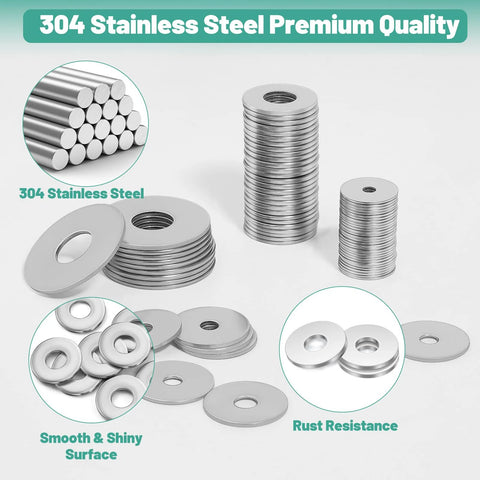 225-piece 304 stainless steel flat and Fender washer set in 15 sizes, rust-resistant