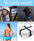 Collage showing diverse uses of Four Pack 1 Inch Quick Side Release Buckles for helmets, dog collars, fanny packs, and webbing straps.