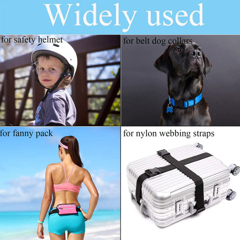 Collage showing diverse uses of Four Pack 1 Inch Quick Side Release Buckles for helmets, dog collars, fanny packs, and webbing straps.