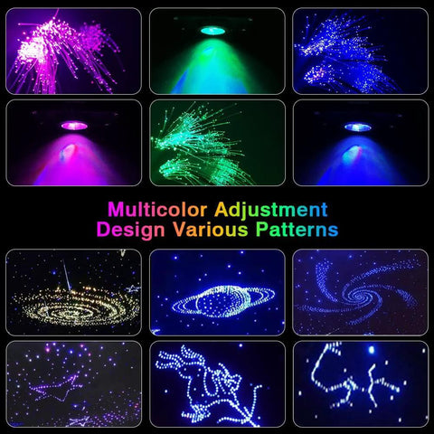 Starlight Headliner Kit Twinkle RGBW Fiber Optic Star Ceiling Lights with multicolor patterns and effects on display