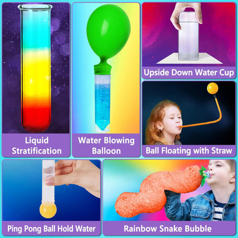 70 Plus Experiments Science Kit For Kids With Chemistry And Physics Projects Kid Friendly Hands On STEM Toy That Delivers Real Fun Learning And Keeps Little Minds Curious. science kit experiment examples with test tubes, balloon, and straw