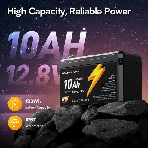 12V 10Ah LiFePO4 Battery With Built In BMS IP67 Waterproof Deep Cycle Over 5000 Cycles For Power Wheels Solar Marine Ride On Toys Fishing Gear And Camping Today, placed on rocks with a starry background