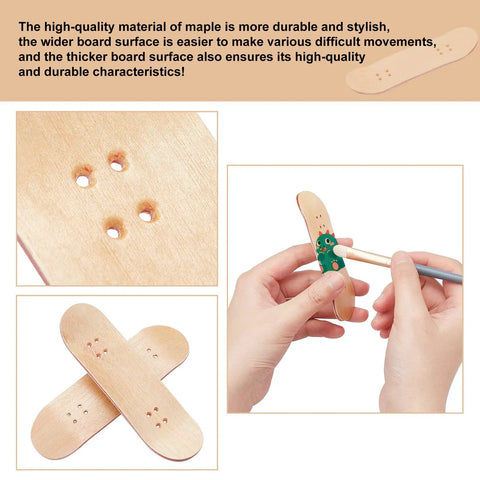 8 Pack Mini Fingerboard Set Maple Wood With Plastic Case Tiny Skateboards in close-up displaying holes and hand trick