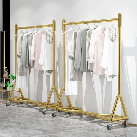 Heavy Duty Industrial Clothes Rack With Wheels Iron Single Pole Display Stand For Bedroom And Laundry, Go-To Gold Coat Hanger