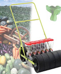 Six Row Do It All Hand Push Seed Planter for Garden and Farm with vegetables background