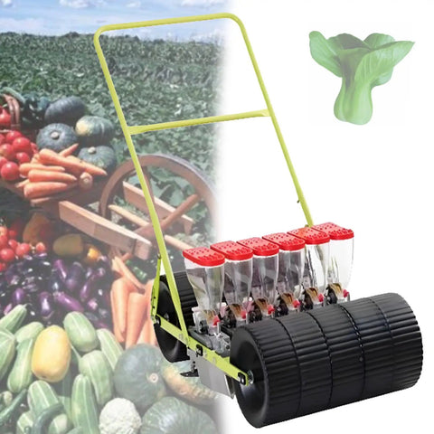 Six Row Do It All Hand Push Seed Planter for Garden and Farm with vegetables background