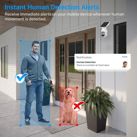 No Brainer Solar Powered Wireless Security Camera With 1080p HD, AI Human Detection, monitoring man and dog in entryway