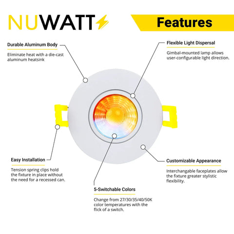 Kick Your Lighting Game Up A Notch With These Solid 3 Inch Gimbal Recessed Downlights 16 Pack 8W Led 600 Lumens Cct Switch 27k To 50k Dimmable Canless Ic Rated White Finish Get Lit Now features diagram with aluminum body and color temperature switch.