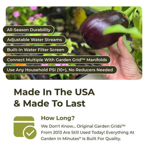 Person holding a ripe eggplant in garden, promoting Effortless Garden Irrigation Grid System For Beds That Water Every Plant In Minutes