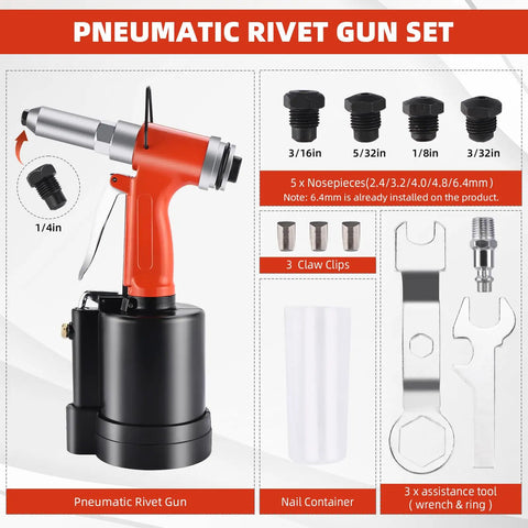Heavy Duty Pneumatic Pop Rivet Gun And Air Riveter Tool For Fastener Assembly, complete kit with ergonomic design and multiple accessories.