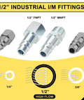 1/2" Industrial I/M Fittings shown, including 1/2" FNPT and MNPT connectors, designed for high flow air applications.