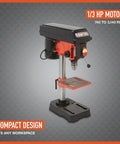 Front view of Benchtop Drill Press With Five Speed And Eight Inch Swing Half Inch Chuck Two Inch Vertical Stroke Depth Lock Ball Knob One Third HP Power Large Work Table For Precise Hole Drilling